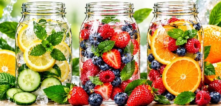 Three jars of fruit and mint infused water